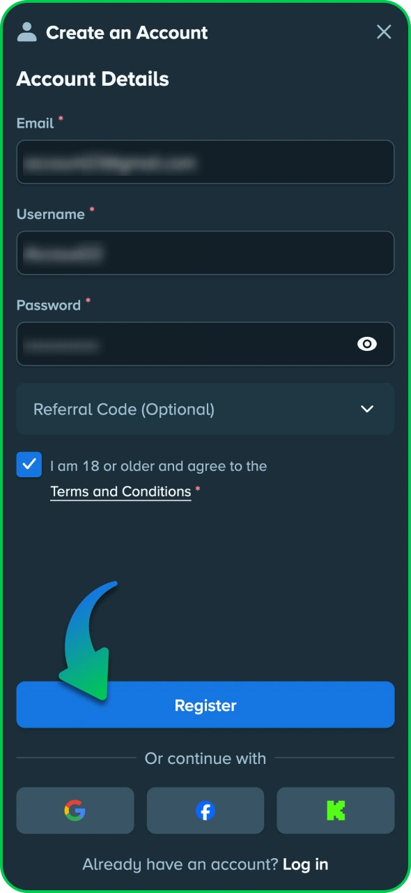 Create a new account by clicking the register button at Stake.