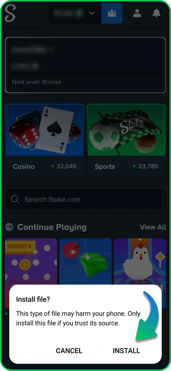 Confirm the installation of Stake web app by clicking the button.