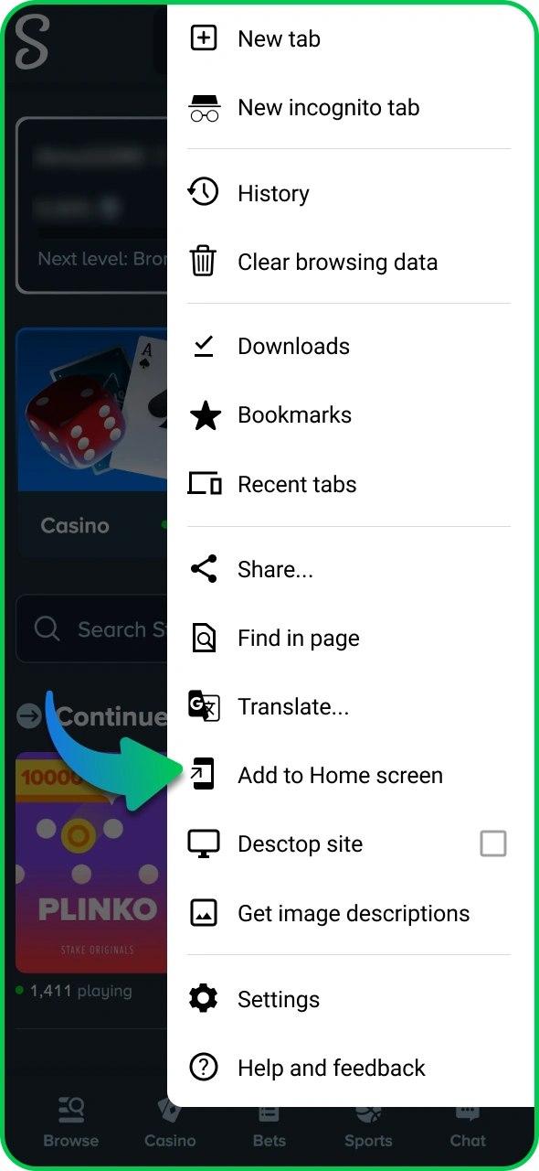 Open the menu to add Stake app to your home screen.