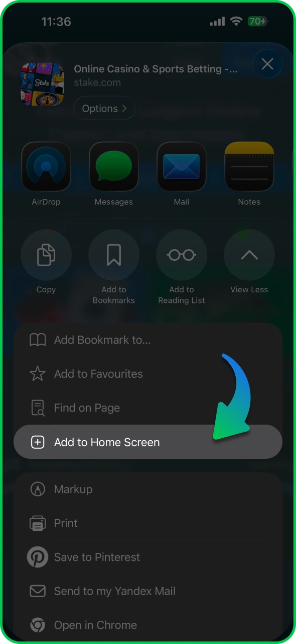 Open the Share menu to add Stake app to your home screen.