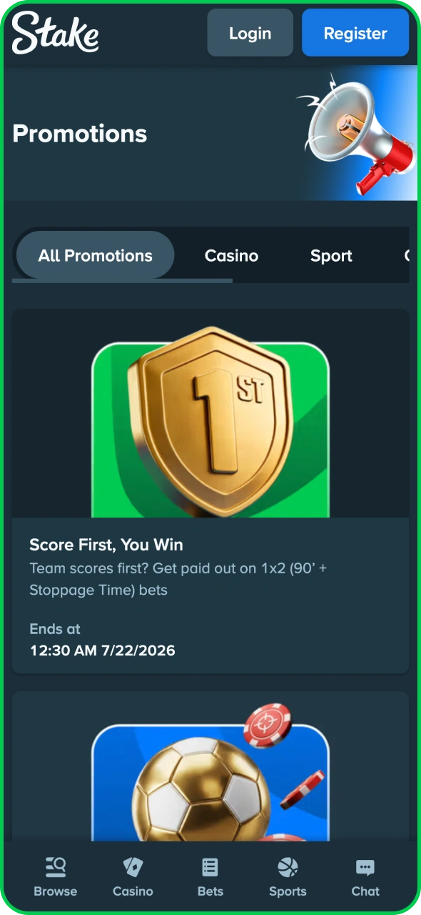 Stake app offers the same bonuses as the website.