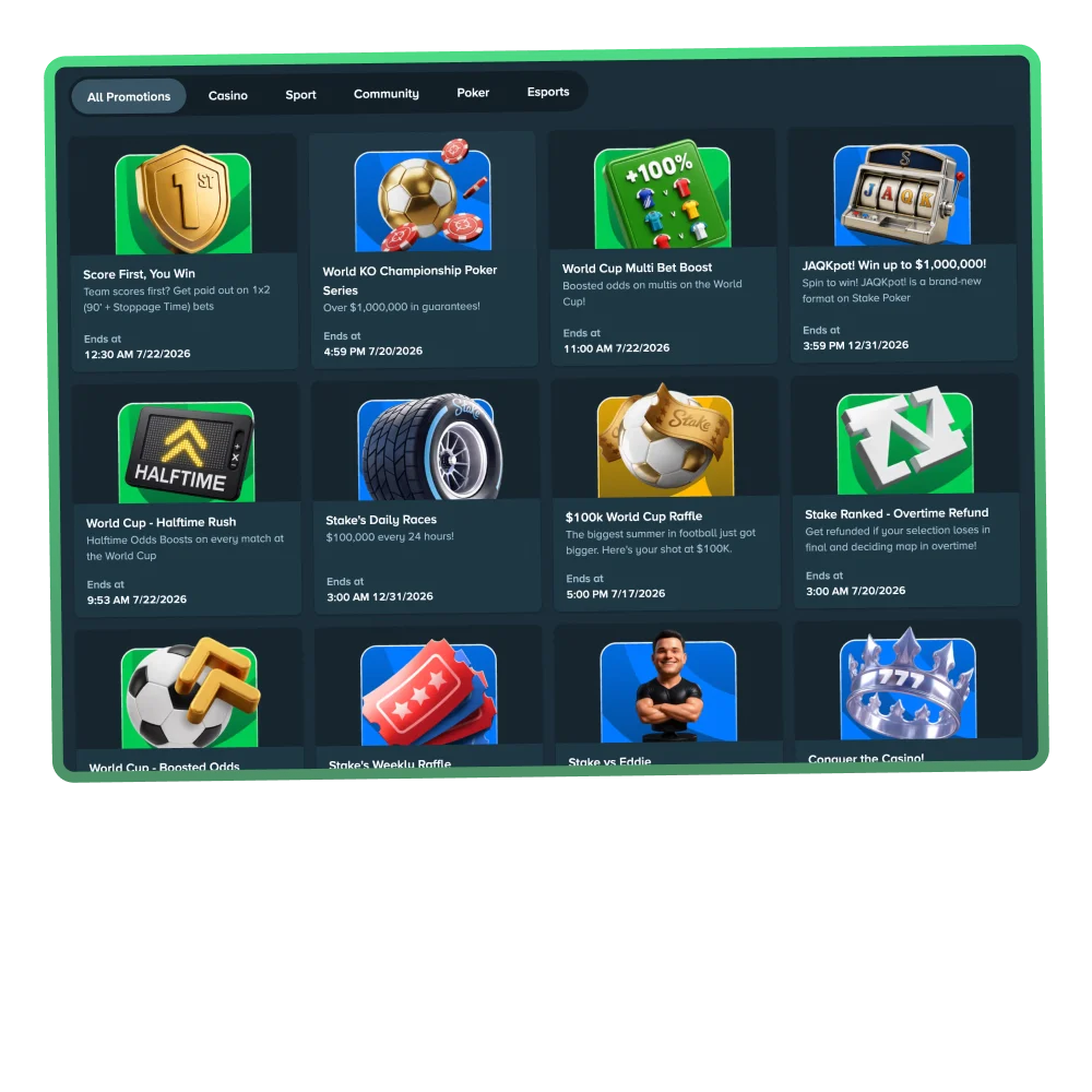 Enhance your winnings with official Stake casino and sports bonuses.