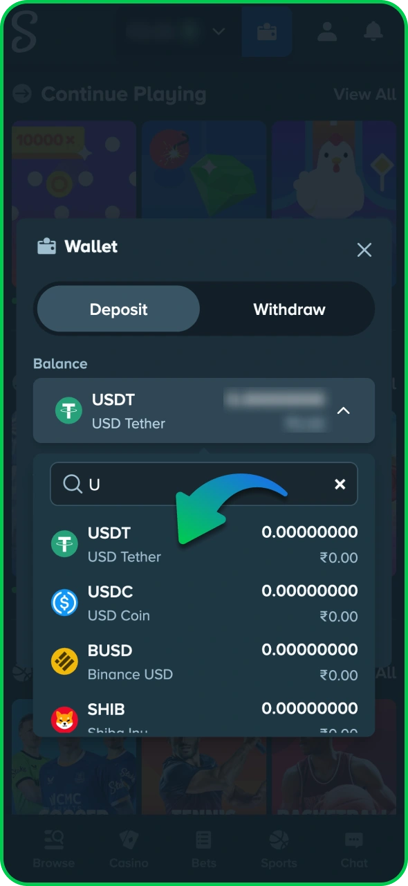 Choose a method you want to deposit at Stake platform.