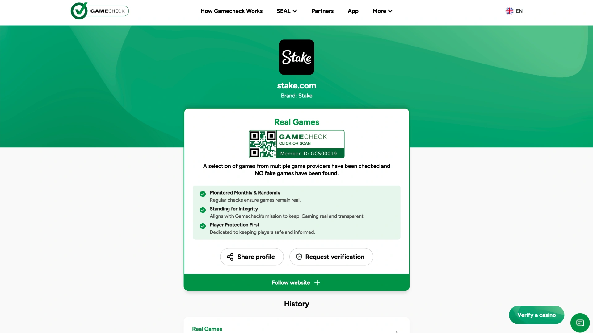 Stake platform has been fully verified by GameCheck.