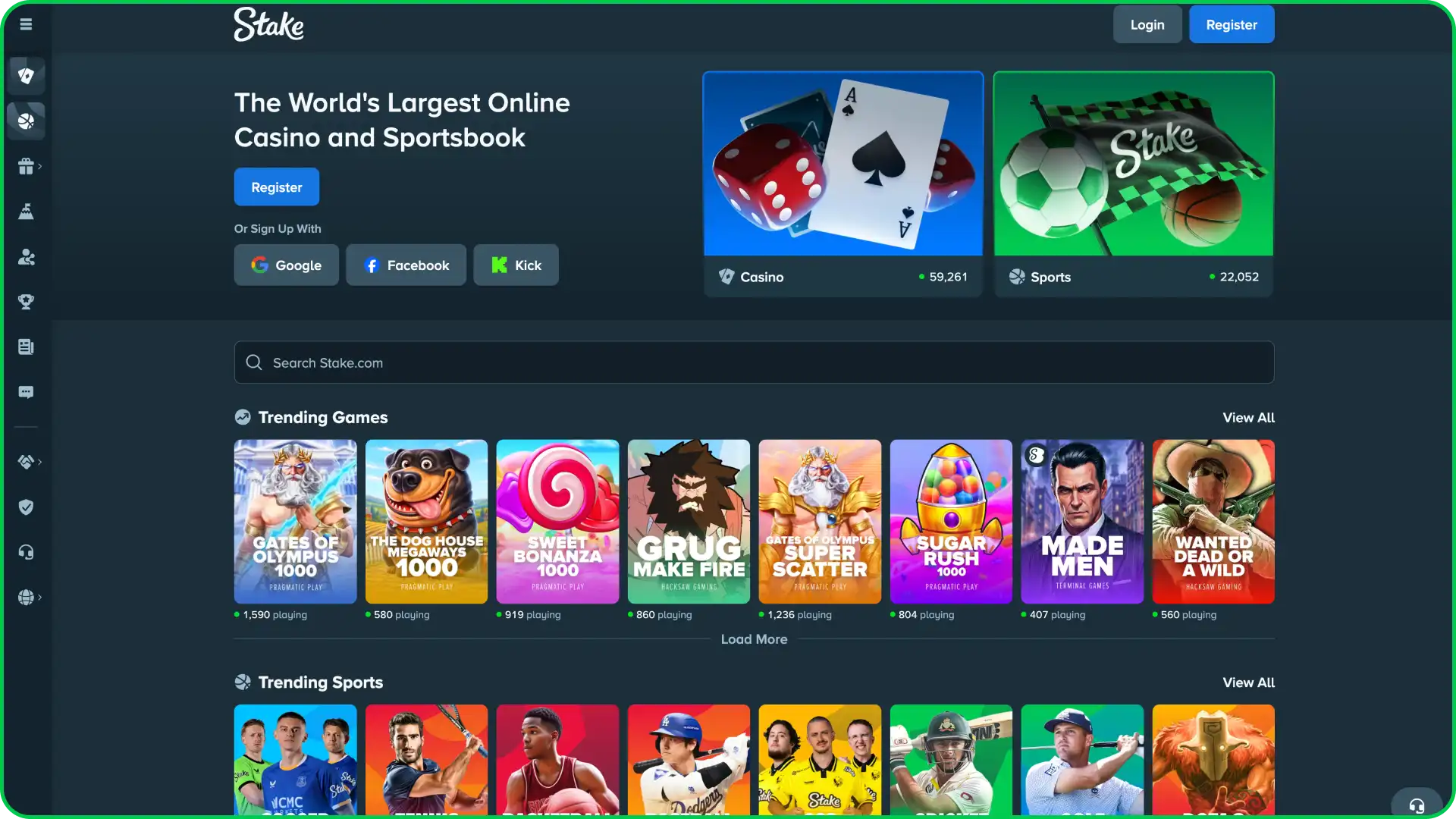 Visit the home page of Stake casino platform.