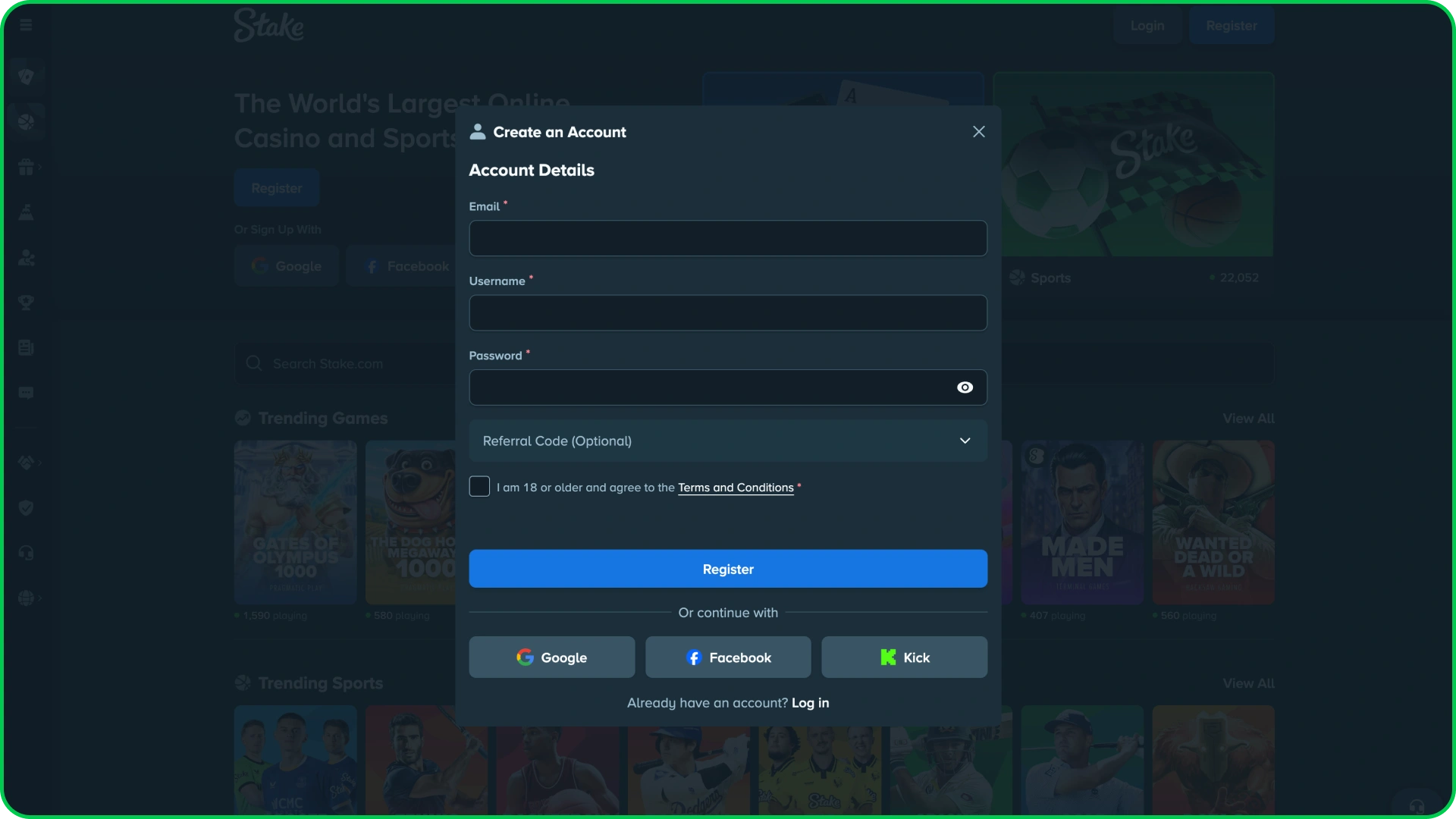 Register on the Stake sports betting platform.