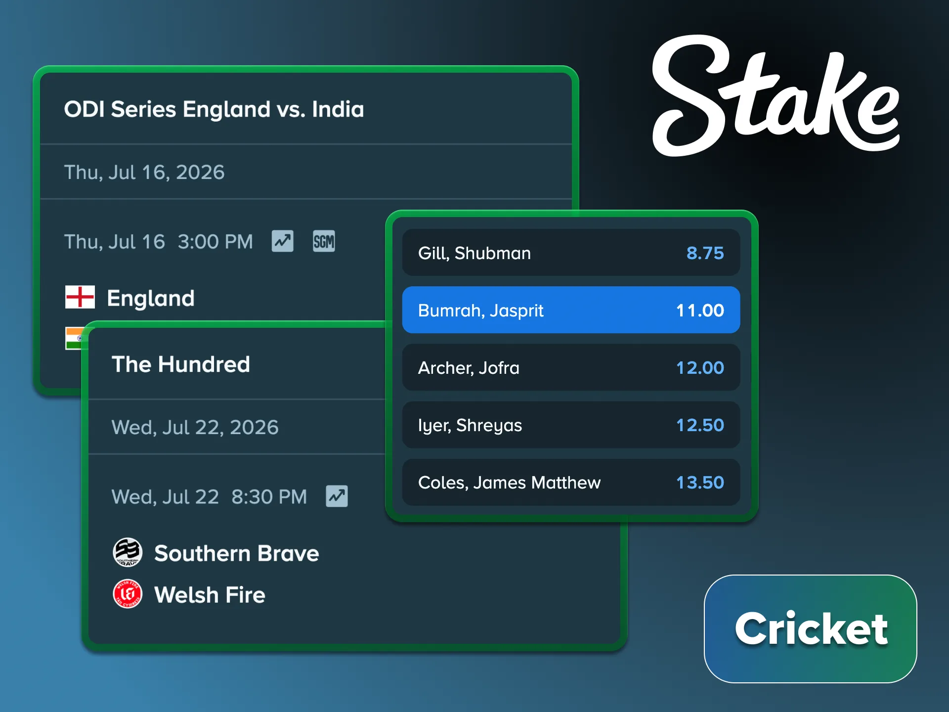Start betting on Stake cricket tournaments and get your winnings.