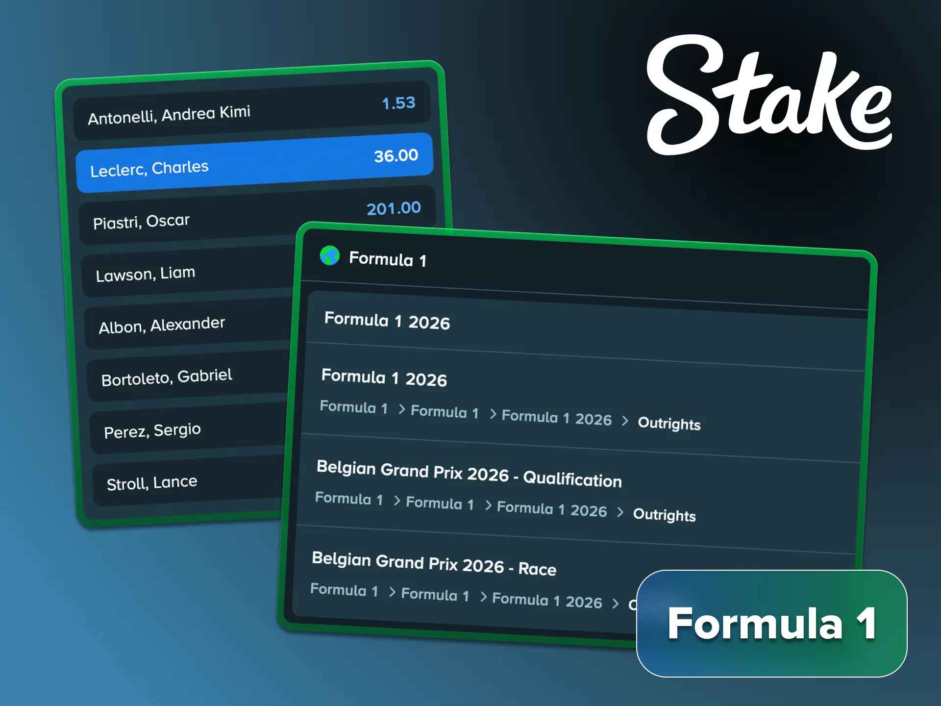 Place bets on Formula 1 sports matches and get your Stake winnings.
