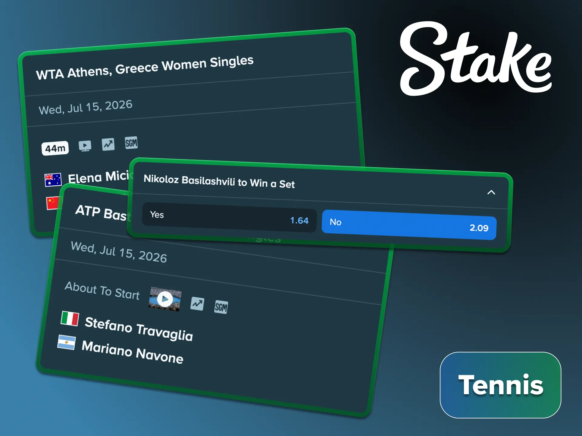 Enjoy betting on tennis tournaments with Stake online platform.