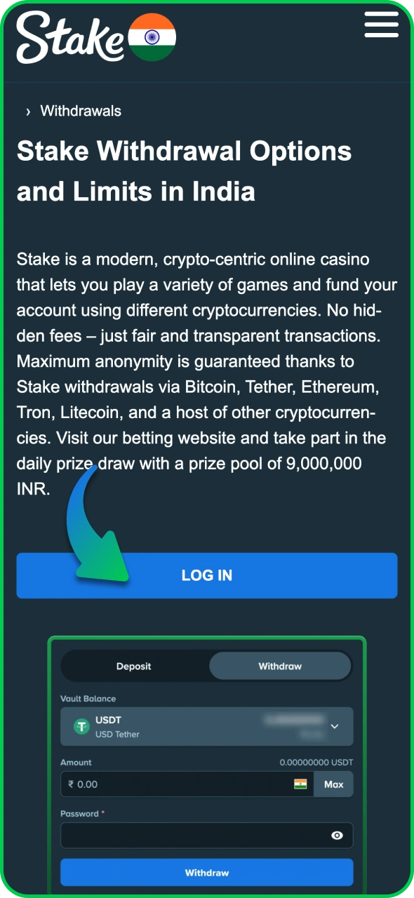 Tap the login button to enter your account at Stake.