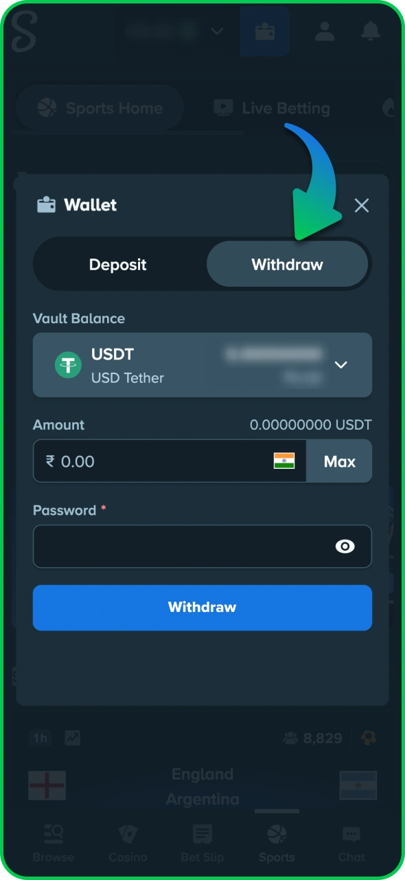Select a withdrawal option at your Stake wallet.