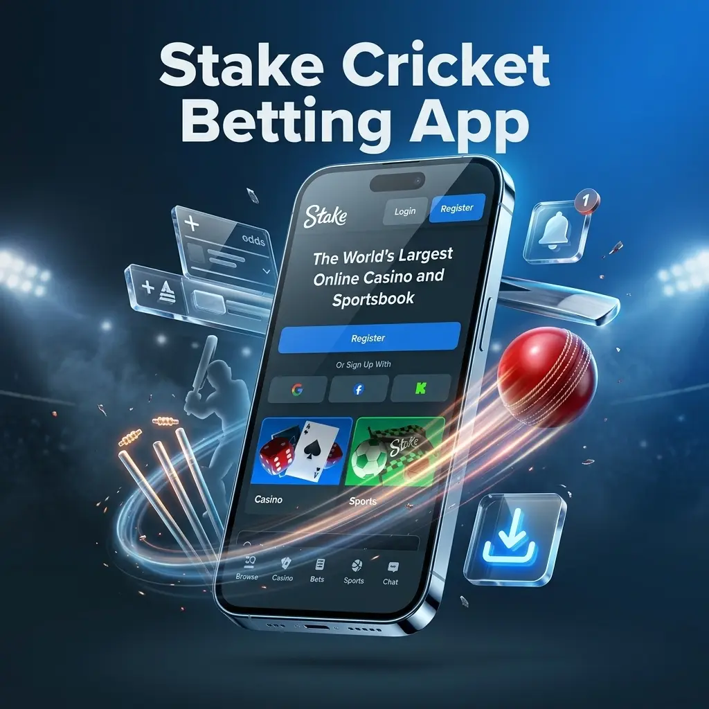 Stake cricket betting app on Android and iOS showing live odds, IPL fixtures, bet slip, and score updates