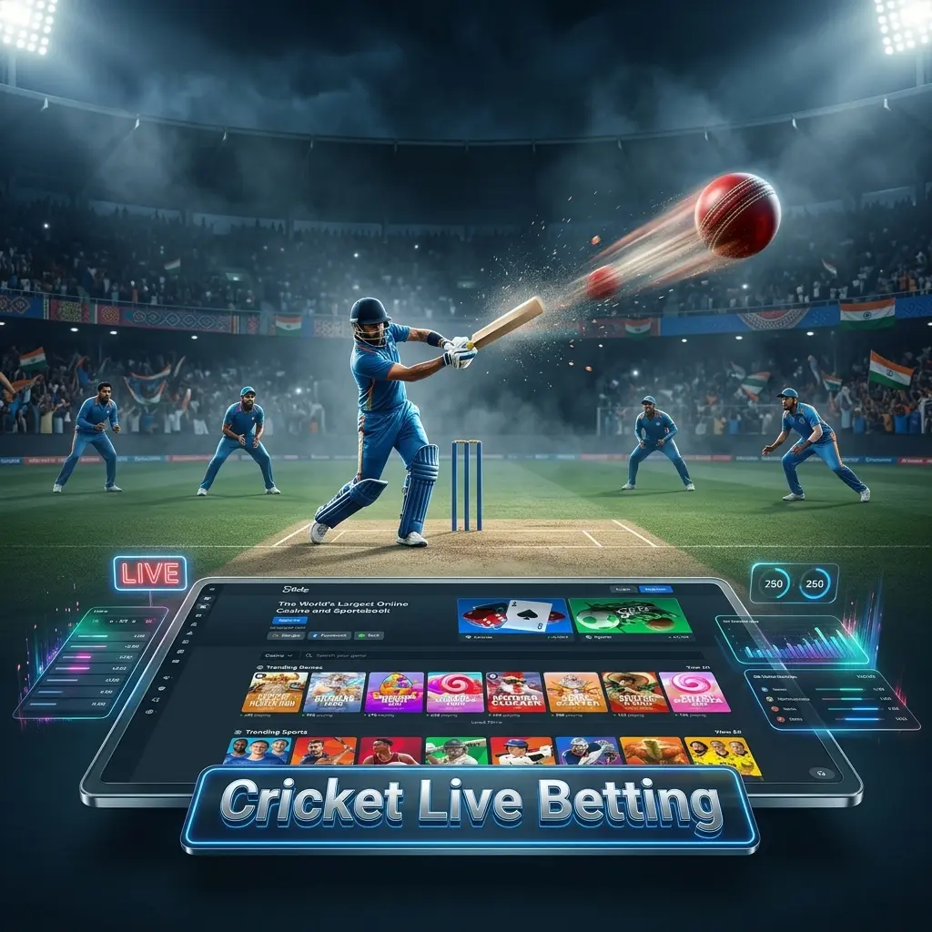 Live cricket betting on Stake with ball-by-ball odds, cash out, live stats, fast bet slip, and multi-market view.