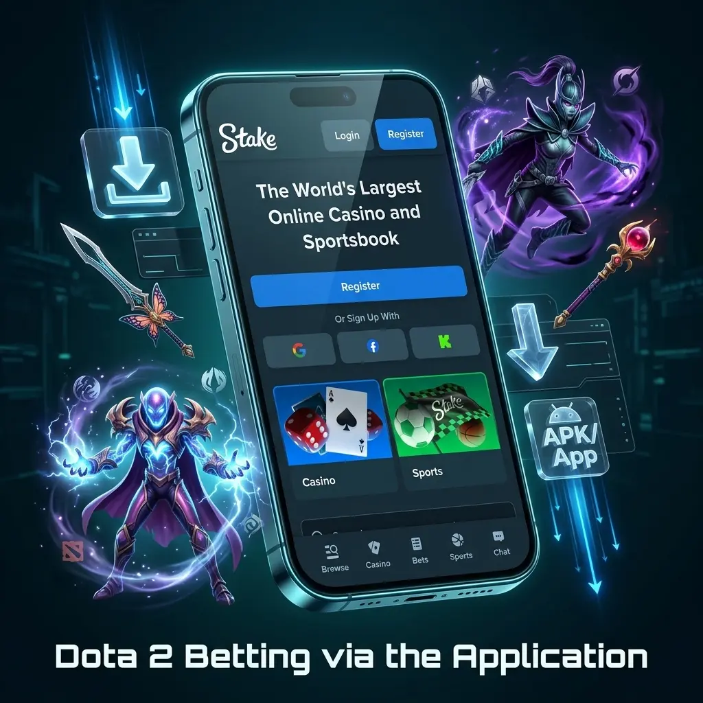 Dota 2 betting on the Stake app showing live odds, fixtures, and bet slip on mobile