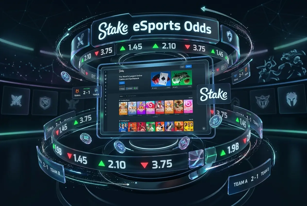 Stake esports betting odds displayed in decimal format for match winner, map handicap and total markets across tournaments