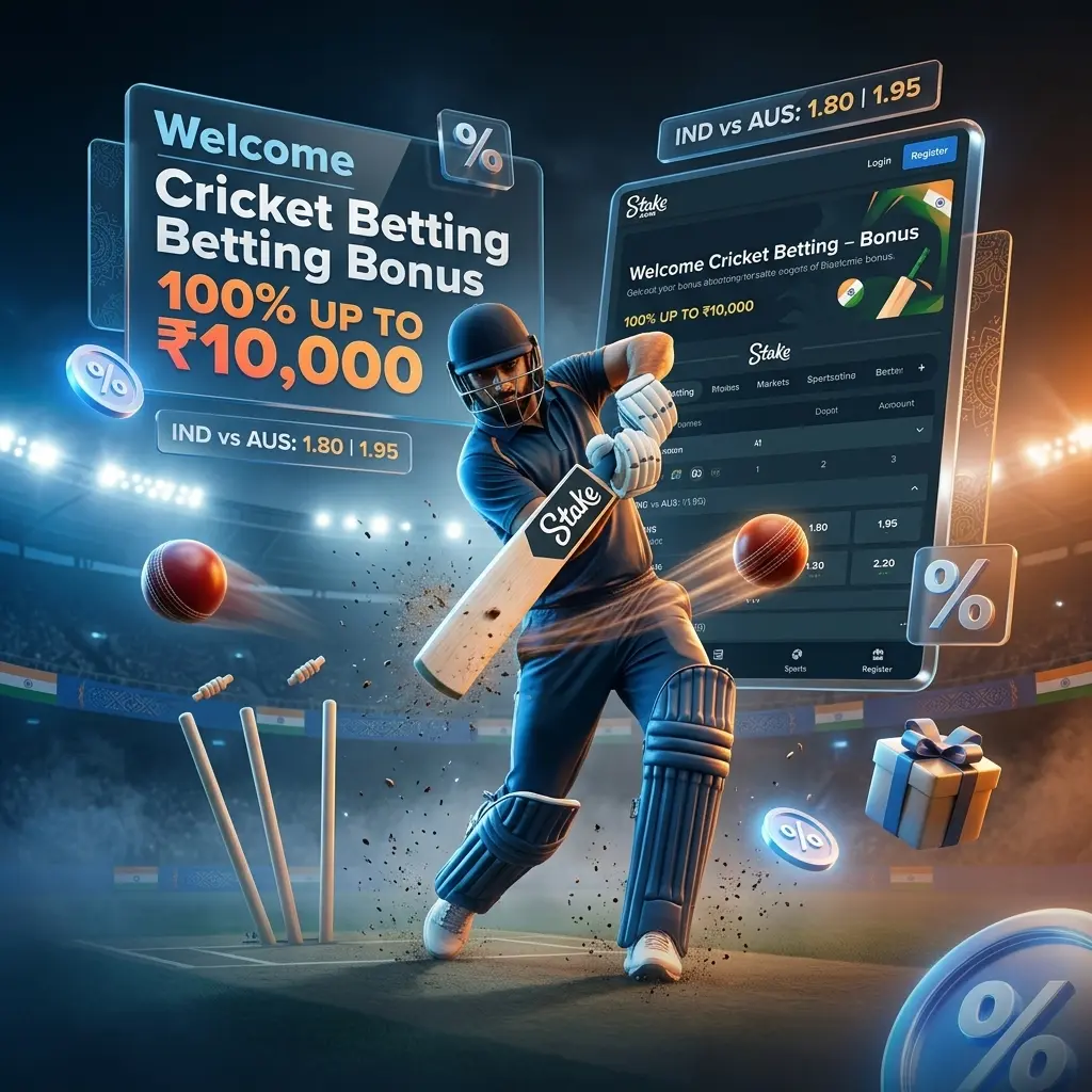 Stake welcome bonus offers 200% up to ₹1,00,000 for cricket betting on IPL, T20 World Cup, and Big Bash League matches.